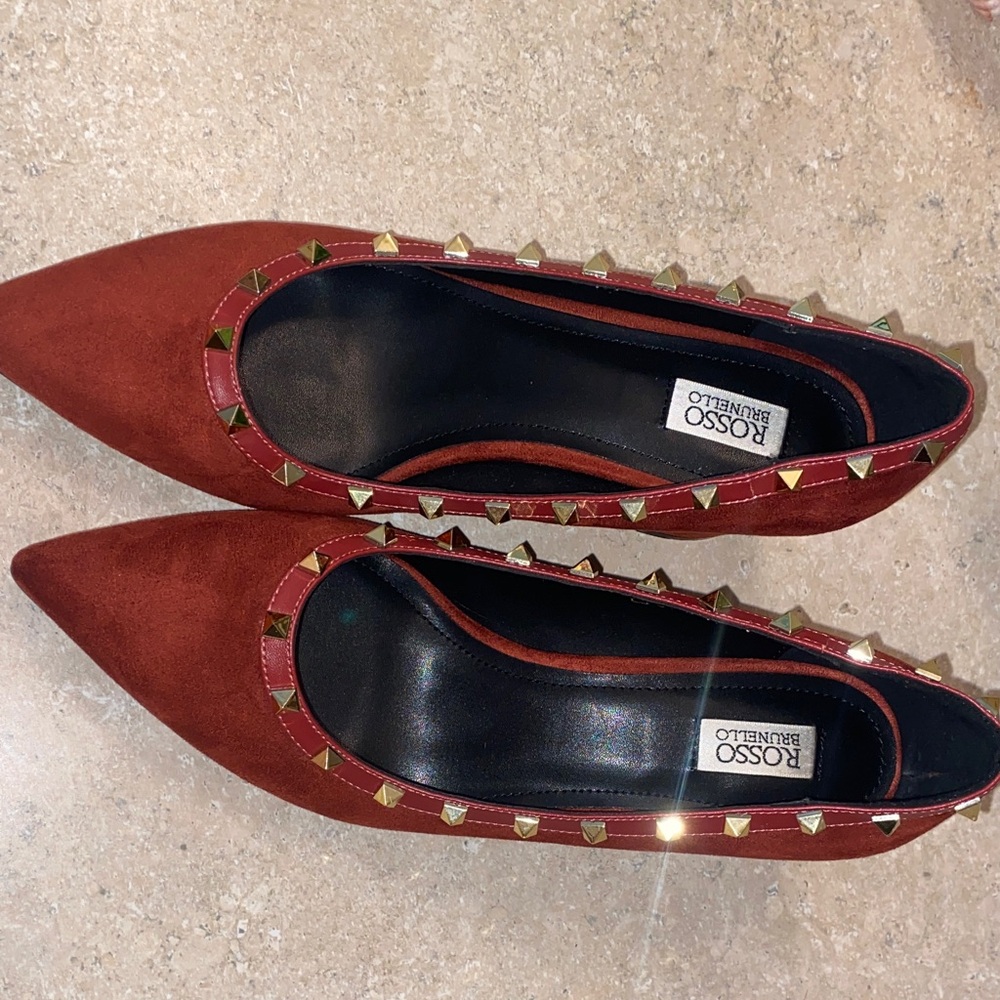 Pointed Rust Suede Flats with Gold Stud Trim